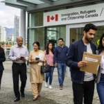 Applicants holding documents and permanent residency profiles outside an official Canadian immigration and citizenship service center.
