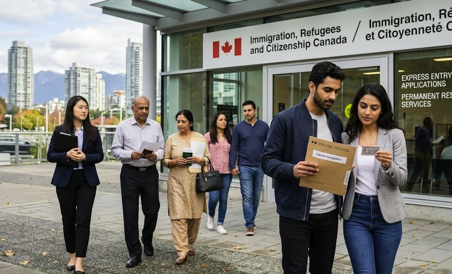 Applicants holding documents and permanent residency profiles outside an official Canadian immigration and citizenship service center.