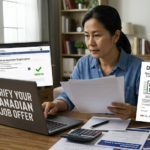 A professional woman analyzing a Canadian employment contract on her desk while verifying the job offer and LMIA legitimacy on an official government portal using her laptop.