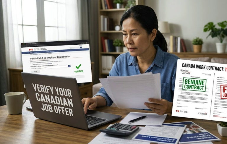 A professional woman analyzing a Canadian employment contract on her desk while verifying the job offer and LMIA legitimacy on an official government portal using her laptop.