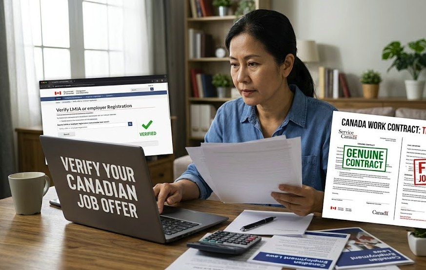 A professional woman analyzing a Canadian employment contract on her desk while verifying the job offer and LMIA legitimacy on an official government portal using her laptop.