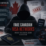 Shadowy figure working on laptop representing fake Canadian visa networks and online immigration fraud system