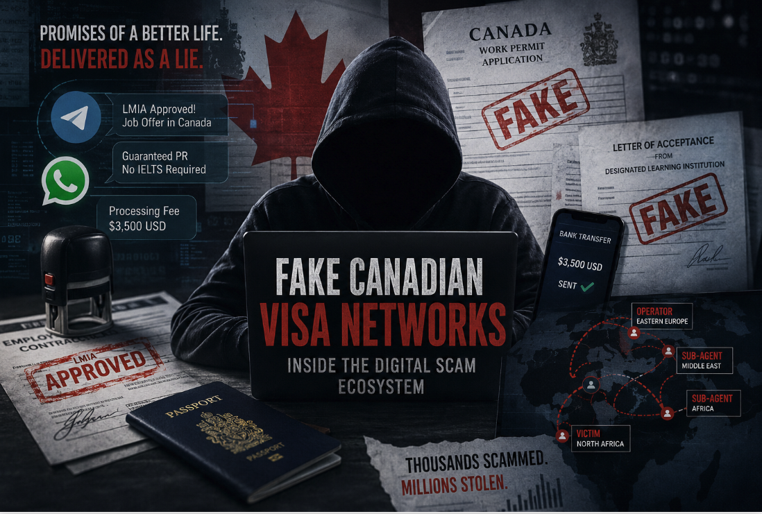 Shadowy figure working on laptop representing fake Canadian visa networks and online immigration fraud system