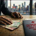 Official deportation order document stamped with order to leave Canada next to Canadian dollars illustrating the severe consequences and fines for illegal work in Canada