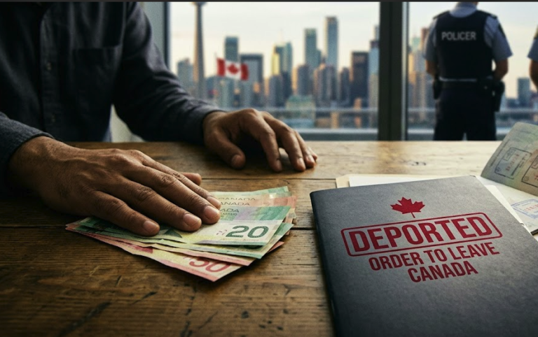 Official deportation order document stamped with order to leave Canada next to Canadian dollars illustrating the severe consequences and fines for illegal work in Canada