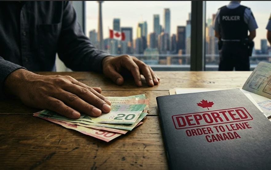 Official deportation order document stamped with order to leave Canada next to Canadian dollars illustrating the severe consequences and fines for illegal work in Canada