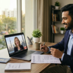 An international applicant attending an online job interview with a Canadian employer to get a job offer from abroad.