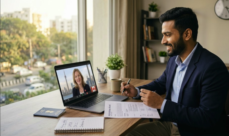 An international applicant attending an online job interview with a Canadian employer to get a job offer from abroad.