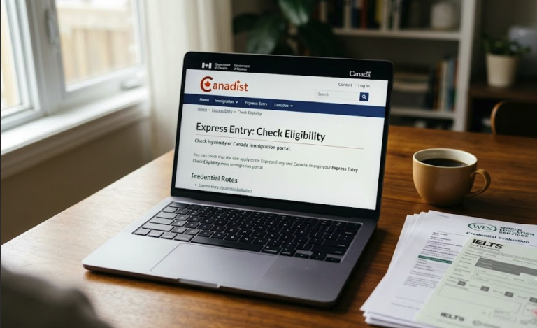Laptop displaying official Canadian immigration portal on a wooden desk with IELTS and WES documents - Canadist
