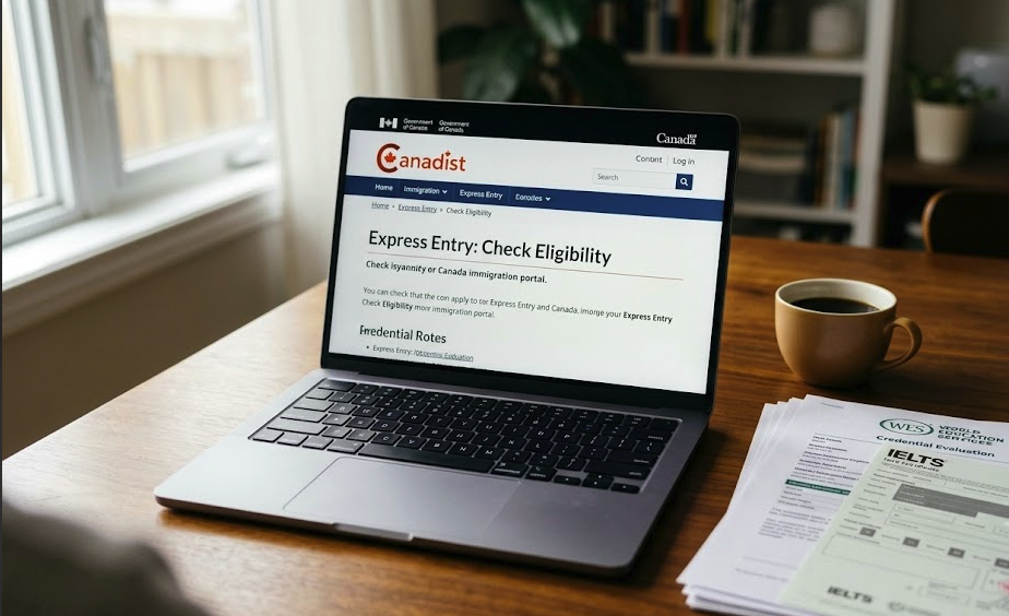 Laptop displaying official Canadian immigration portal on a wooden desk with IELTS and WES documents - Canadist