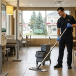 A professional light duty cleaner mopping the floor at a McDonald's restaurant in Campbellton, New Brunswick, representing a full-time job vacancy.