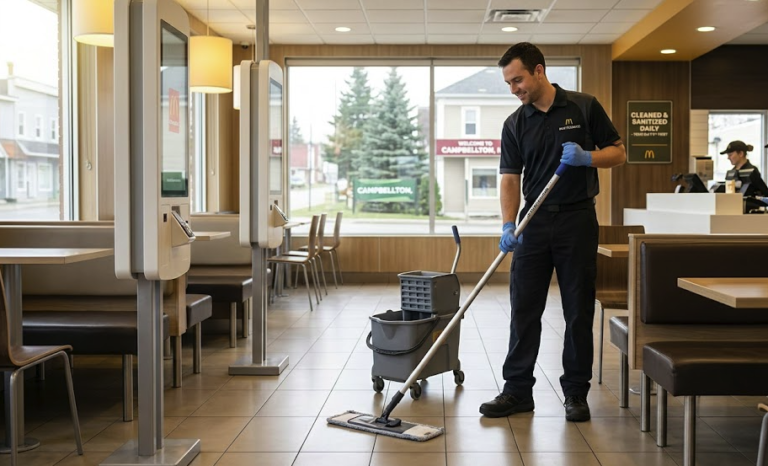 A professional light duty cleaner mopping the floor at a McDonald's restaurant in Campbellton, New Brunswick, representing a full-time job vacancy.