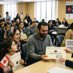 An immigration officer hands permanent residency documents to a family, illustrating the regularization of immigrants in Canada.