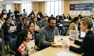 An immigration officer hands permanent residency documents to a family, illustrating the regularization of immigrants in Canada.