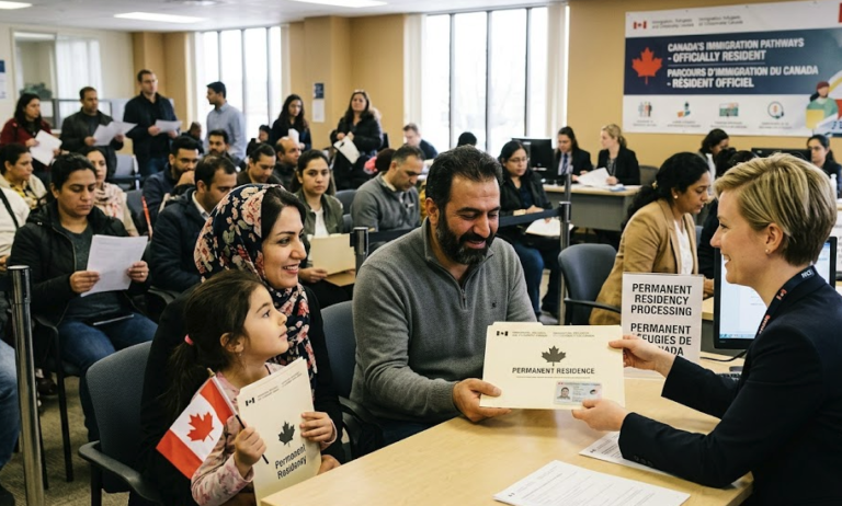 An immigration officer hands permanent residency documents to a family, illustrating the regularization of immigrants in Canada.