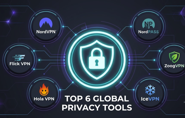 Infographic showing the best vpn services including NordVPN, ZoogVPN, NordPass, IceVPN, Hola VPN, and Flick VPN grouped around a digital security lock.