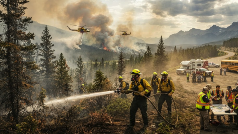 Canada firefighters responding to western wildfires during a national emergency situation