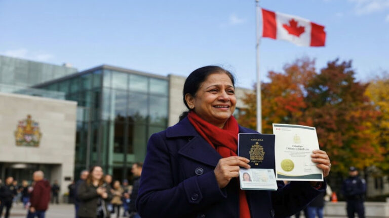 New Canadian citizen holding a Canadian passport and Citizenship Certificate after completing the official citizenship process.