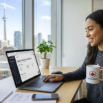 A Canadian freelance professional holding a Canadist mug while working on her Contra digital portfolio in a Toronto office overlooking the CN Tower.