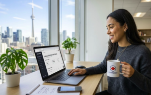 A Canadian freelance professional holding a Canadist mug while working on her Contra digital portfolio in a Toronto office overlooking the CN Tower.