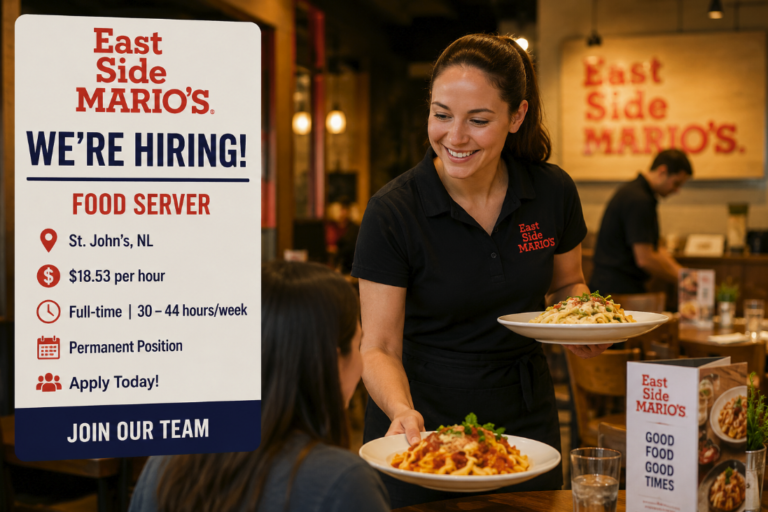 Food server at East Side Mario's restaurant in St. John's, Canada, highlighting the company's recruitment for a permanent full-time hospitality position.