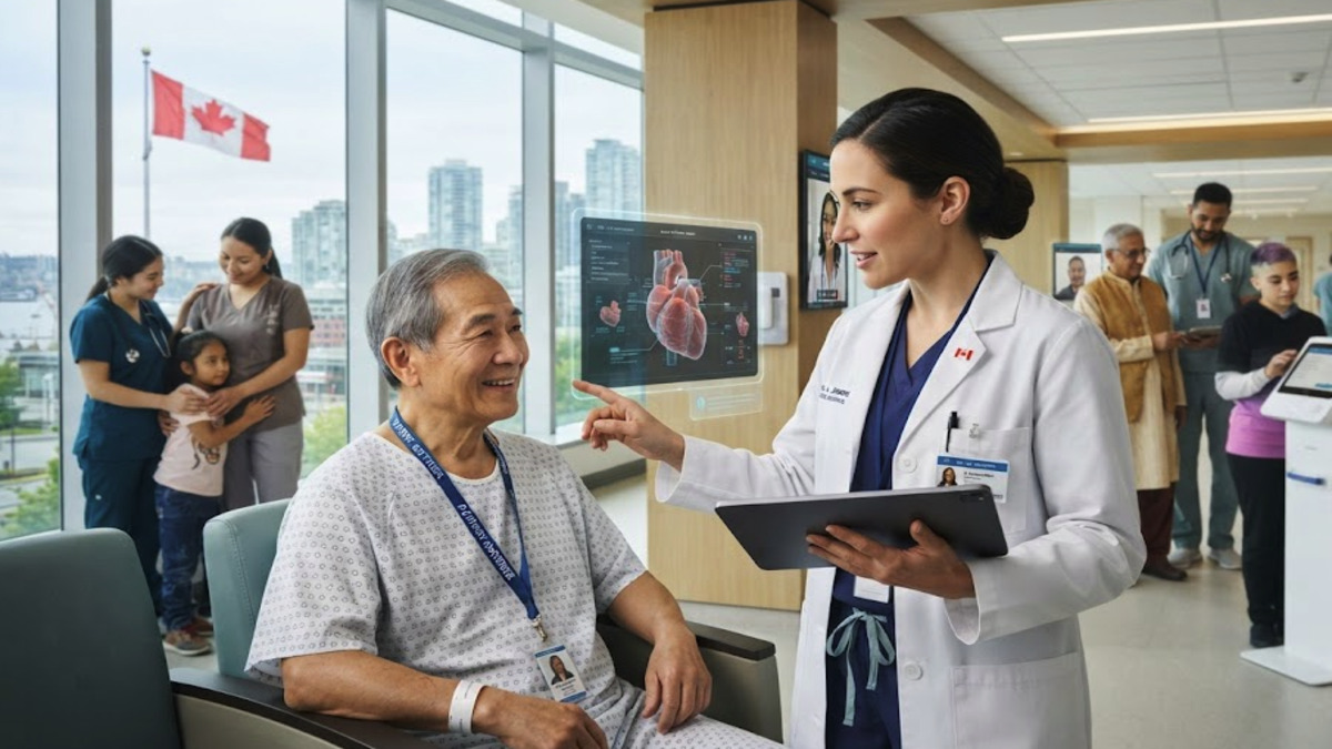 Healthcare in Canada future of universal healthcare with doctors and patients in a modern hospital