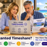 Couple reviewing options to sell an unwanted timeshare in the United States through a timeshare resale service.