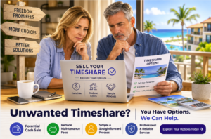 Couple reviewing options to sell an unwanted timeshare in the United States through a timeshare resale service.