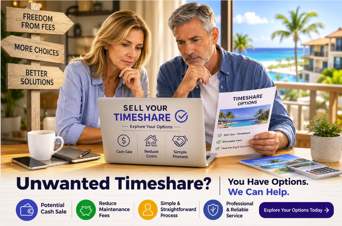 Couple reviewing options to sell an unwanted timeshare in the United States through a timeshare resale service.
