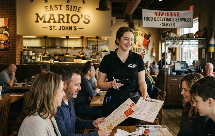 A professional server - food and beverage services presenting the menu to customers at East Side Mario’s restaurant.