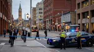 Canadian police officers and patrol cars in a city street amid public safety concerns
