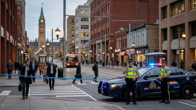 Canadian police officers and patrol cars in a city street amid public safety concerns