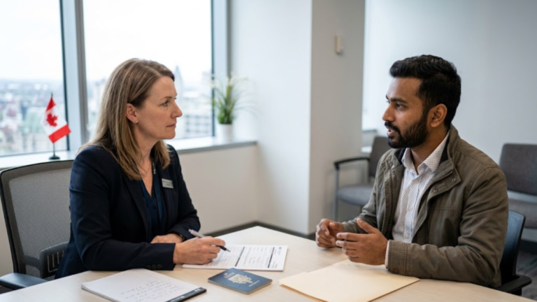 Canada immigration interview questions with applicant speaking to immigration officer