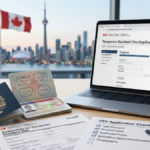 Canada Temporary Resident Visa application with Canadian passport and immigration documents.