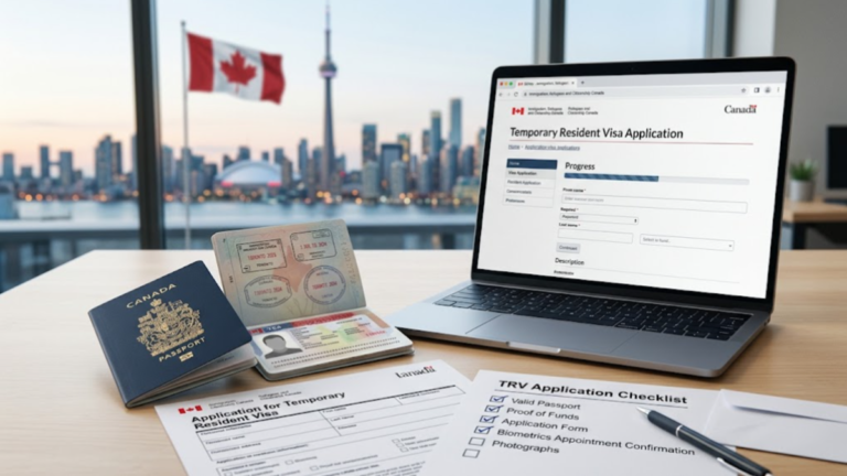 Canada Temporary Resident Visa application with Canadian passport and immigration documents.