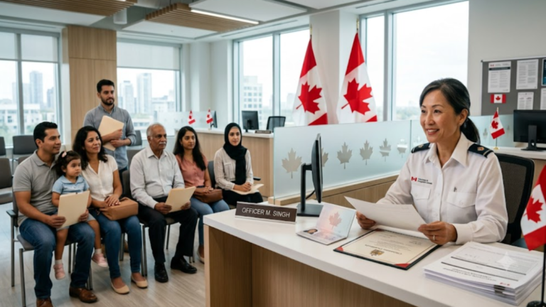 Canadian Citizenship Requirements as applicants submit citizenship documents at a Canadian immigration office.