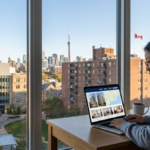 International student researching student housing in Canada on a laptop with a Canadian skyline view