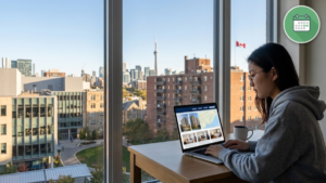 International student researching student housing in Canada on a laptop with a Canadian skyline view