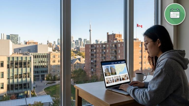 International student researching student housing in Canada on a laptop with a Canadian skyline view