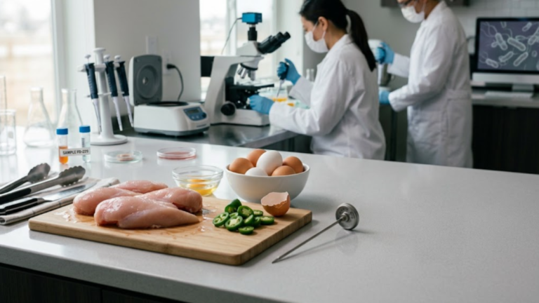 Salmonellosis and food safety with eggs, jalapeno peppers and kitchen utensils