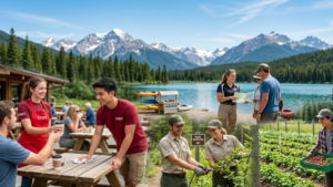 Young people working seasonal jobs in Canada in tourism, hospitality, agriculture, and park services during the summer hiring season.