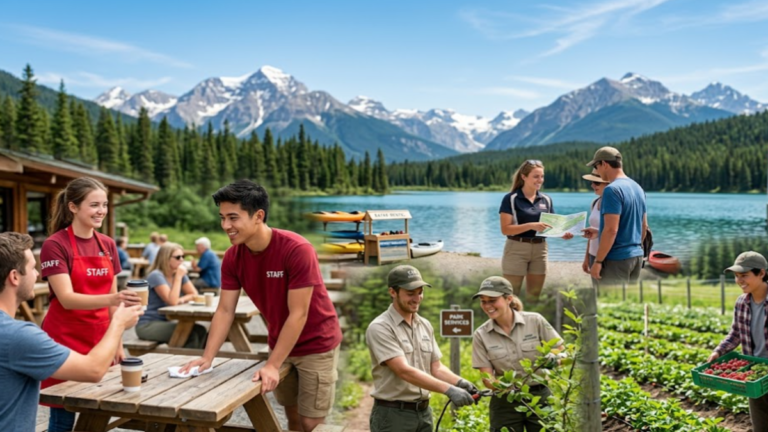 Young people working seasonal jobs in Canada in tourism, hospitality, agriculture, and park services during the summer hiring season.