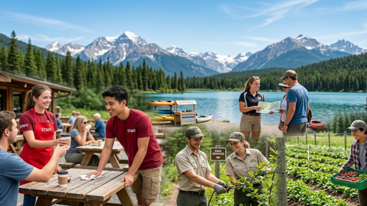 Young people working seasonal jobs in Canada in tourism, hospitality, agriculture, and park services during the summer hiring season.