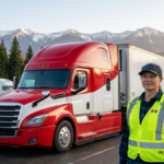 Truck driver beside a semi-truck in Canada