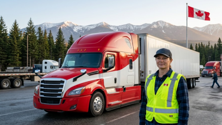 Truck driver beside a semi-truck in Canada