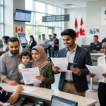 A diverse group of newcomers and international workers holding documents at a Canadian immigration service center.