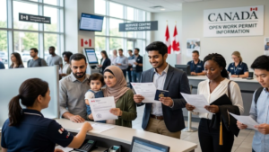 A diverse group of newcomers and international workers holding documents at a Canadian immigration service center.
