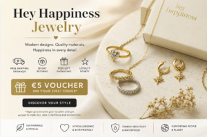 Hey Happiness jewelry featuring modern necklaces, rings and earrings