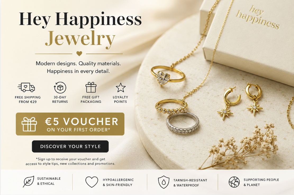 Hey Happiness jewelry featuring modern necklaces, rings and earrings