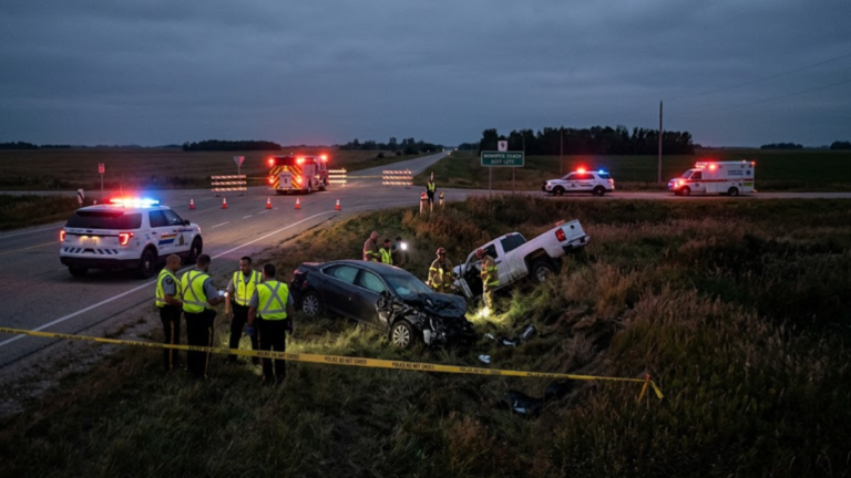 Emergency responders at a highway crash scene near Winnipeg Beach Manitoba